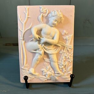 Vintage Cherub Watering Can Plaque Arnart Creations #8782 Pink Jasperware Plaque